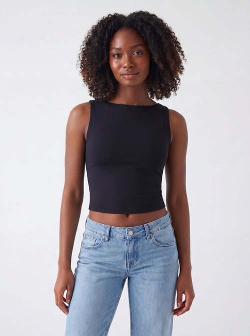Maya Vida black crop top on model with jeans
